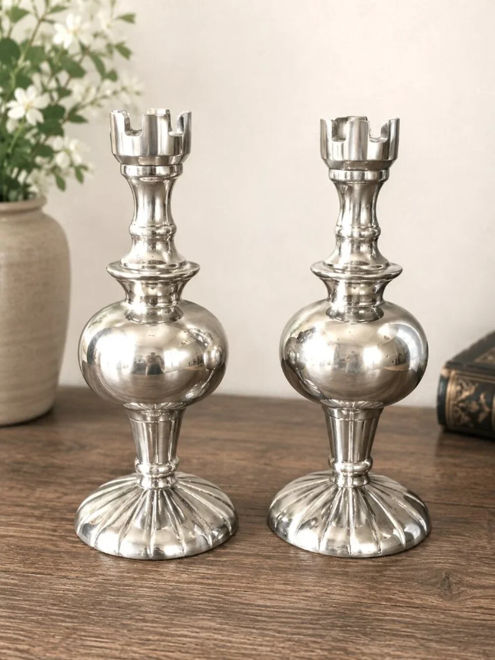 Vintage Silver Tone Metal Candlesticks Pair -Made in India- 8.25